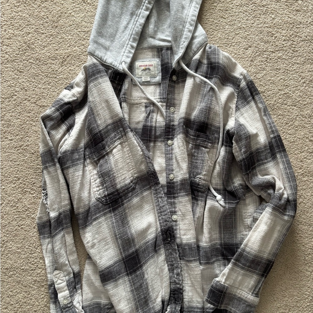 Gray Plaid Hooded Shirt